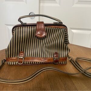 Striped Canvas and Brown Leather Crossbody Handbag